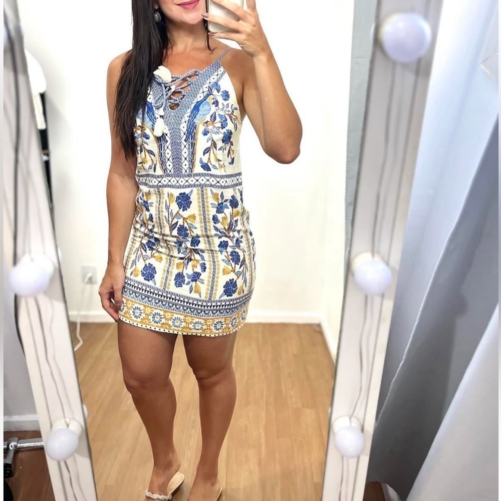 Farm Rio Blue Floral Tapestry Lace Up Tassel Sleeveless Mini dress. Size M